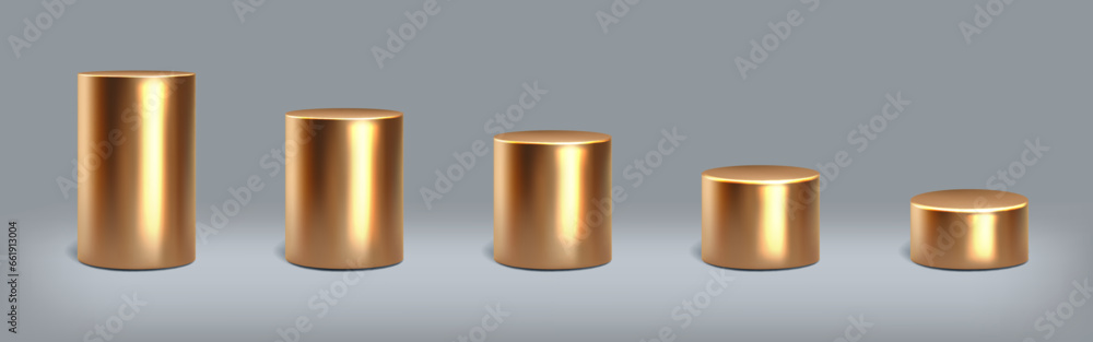 Poster gold podium. 3d golden cylinder. metallic stand. bronze stage. glossy pedestal. metal pillar base. t