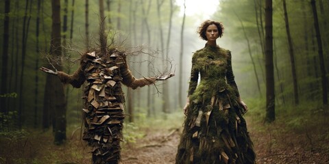 Tailor designing clothes from materials found in nature, concept of Eco-friendly fashion - obrazy, fototapety, plakaty