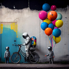 astronauts and kids with colourful balloons and bicycles, created with generative ai