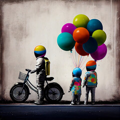 astronauts and kids with colourful balloons and bicycles, created with generative ai
