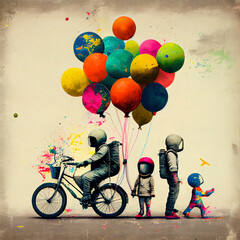 astronauts and kids with colourful balloons and bicycles, created with generative ai