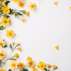 Naklejka na ściany i meble A graceful flat lay of little yellow flowers, captured from above, whispering of spring, against a gentle, light background, providing a fresh and airy canvas with a serene empty space.