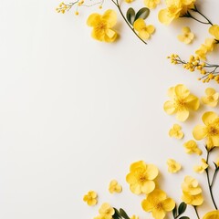 A graceful flat lay of little yellow flowers, captured from above, whispering of spring, against a gentle, light background, providing a fresh and airy canvas with a serene empty space.