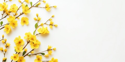 A graceful flat lay of little yellow flowers, captured from above, whispering of spring, against a gentle, light background, providing a fresh and airy canvas with a serene empty space. - Powered by Adobe