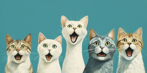 Group of surprised cats on a blue background, concept of Startle
