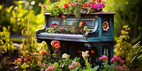 Old piano repurposed into a garden bed, with colorful flowers sprouting from its keys, concept of Recycled musical instrument - obrazy, fototapety, plakaty