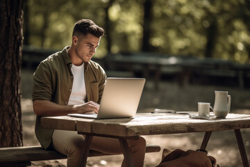 Mann mit Laptop im Freien, Generative AI