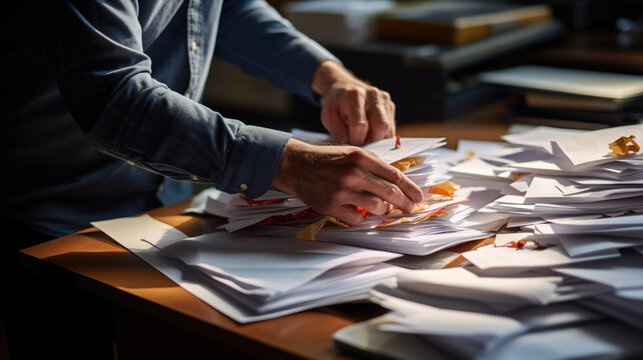 Businessman hands working in Stacks of paper files for searching information on work desk in office, business report papers.