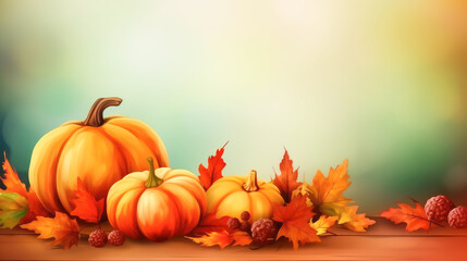 Fall illustration with pumpkins and fall leaves with copy space.