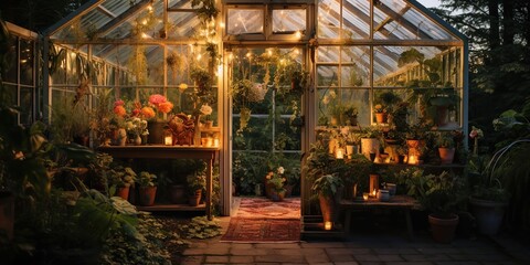 Fototapeta na wymiar Greenhouse restored and filled with exotic plants, with fairy lights strung up for an ethereal evening glow, concept of Plant preservation