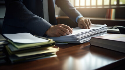 Businessman hands working in Stacks of paper files for searching information on work desk in office, business report papers. - obrazy, fototapety, plakaty