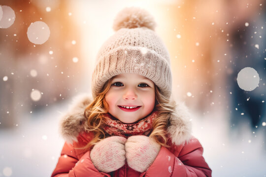 Cute little girl in red coat playing outdoor in cold winter day.