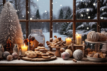 Christmas party celebration with dinner meal on table, Happy new year and Xmas scene, Thanksgiving Food and Dessert for party invitation.