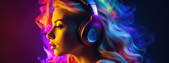 Young woman in neon lights wearing headphones listening to her favorite music.