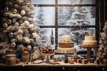 Obraz premium Christmas party celebration with dinner meal on table, Happy new year and Xmas scene, Thanksgiving Food and Dessert for party invitation.