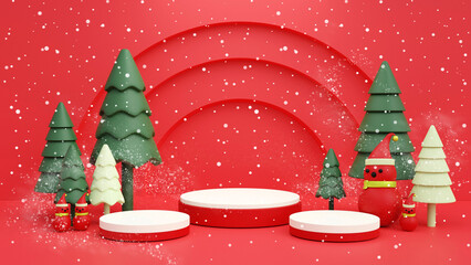 Green Christmas tree with stars and gift boxes lying on the snow on a red background, red plinth. This illustration is for designing a Christmas or New Year card.3D render.