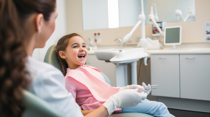 Fototapeta premium Little girl smiles at a dentist appointment.