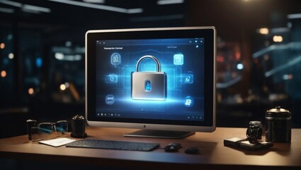  3D rendering of a virtual display with a security icon that a user selects to protect their sensitive data 