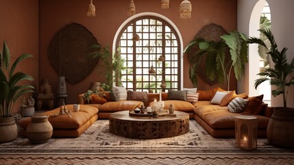 Home interior with ethnic boho decoration, living room in brown warm color, 3d render