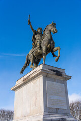 Montpellier, France - January 16 2023 - The Promenade du Peyrou. Paved city square with a statue of Louis XIV