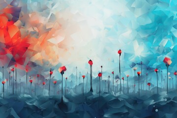 Abstract background with red poppy flowers and blue sky. Abstract blue and red background with poppies to remember all victims of war.  - obrazy, fototapety, plakaty