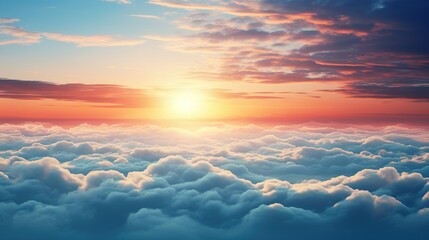 Beautiful aerial view over the clouds in the sky at sunset. AI generated image