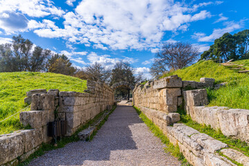 Olympia, Greece - 6 February 2023 - Arch entrance of the field in the old town of Olympia (Archaia...