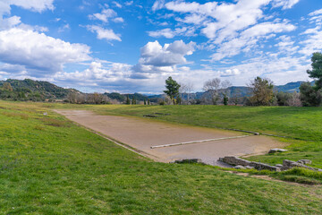 Olympia, Greece - 6 February 2023 - stadium in the old town of Olympia (Archaia Olympia)