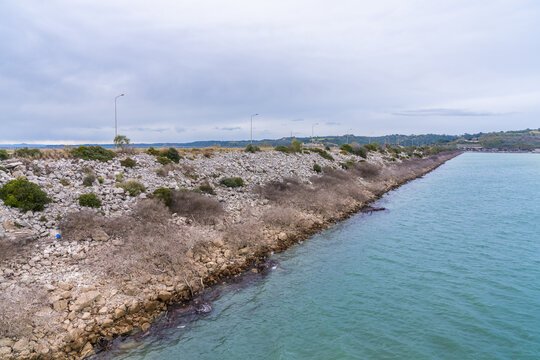 Pinios, Greece - 5 february 2023 - Overview of the Pinios Dam at the Pinios Lake