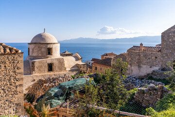 Monemvasia, Greece - 12 February 2023 - View on the island of Monemvasia from the backside of town