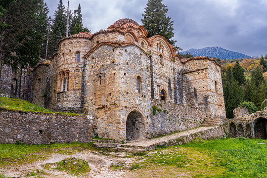 Ruins of the Saints Theodors Mystras Holy Orthodox Church in the old town of Mystra near the city of Sparta in Greece