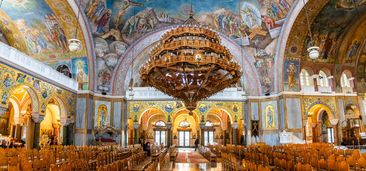 Patras, Greece - 26 February 2023 - Interior of the Holy Church of Saint Andrew in the center of town during the carnaval period - obrazy, fototapety, plakaty