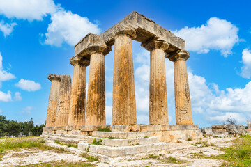 Fototapeta na wymiar Corinth, Greece - 1 March 2023 - Ruins of the Temple of Apollo at the ancient town of Corinth