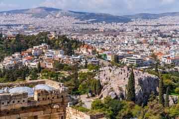 Obraz premium Athens, Greece - 3 March 2023 - view over Athens seen from the Pantheon site