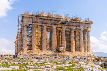 Athens, Greece - 3 March 2023 - Ruins of the famous Pantheon Acropolis in the center of Athens