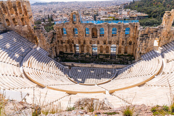 Athens, Greece - 3 March 2023 - Ruins of the Odeion van Herodes Atticus at the Pantheon site in the center of Athens