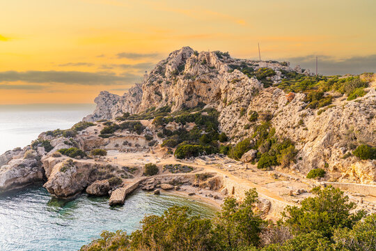 Limni Vouliagmenis, Greece - 1 March 2023 - old ancient site the West Court of Heraion of Perachora at sunset