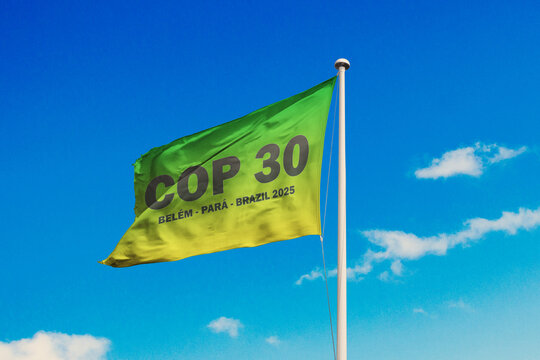 October 13, 2023, Brazil. The 2025 United Nations Climate Change Conference COP30 soon appears on a flag. Event will be on November 2025, in Belem, Para, Brazil