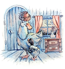 Mother duck crying with her duck son in room with window, door and vase, jpeg illustration