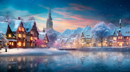A festive winter scene with softly falling snow, adorned with colorful blurred lights, creating a warm and cozy atmosphere, featuring a quaint village in the background with snow-covered rooftops