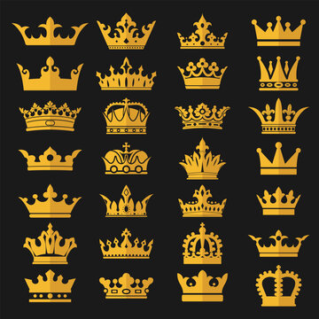 Set of golden crown icons, royals crown symbol vector illustration.