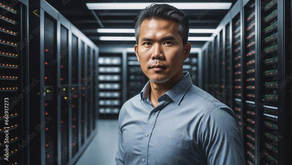 Poster professional it engineer in server room, cloud computing & data security specialist..