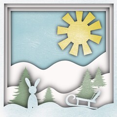Winter snowing day landscape in paper-cut style
