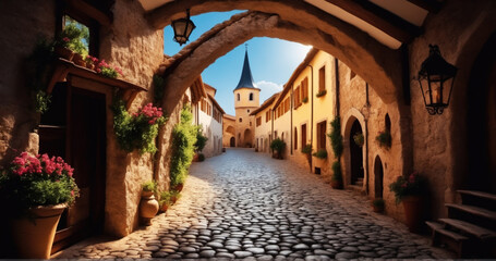 Fototapeta na wymiar Enchanting Old European Cobblestone Street Surrounded by Scenic Flowers, Stairs, Arch, and Potted Plants