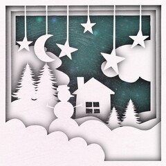 Winter snowing night landscape in paper-cut style