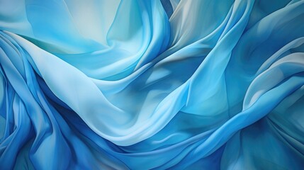 Flowing folds of silk fabric blowing gently in the wind, smooth satin blue texture, rolling waves and curves. 