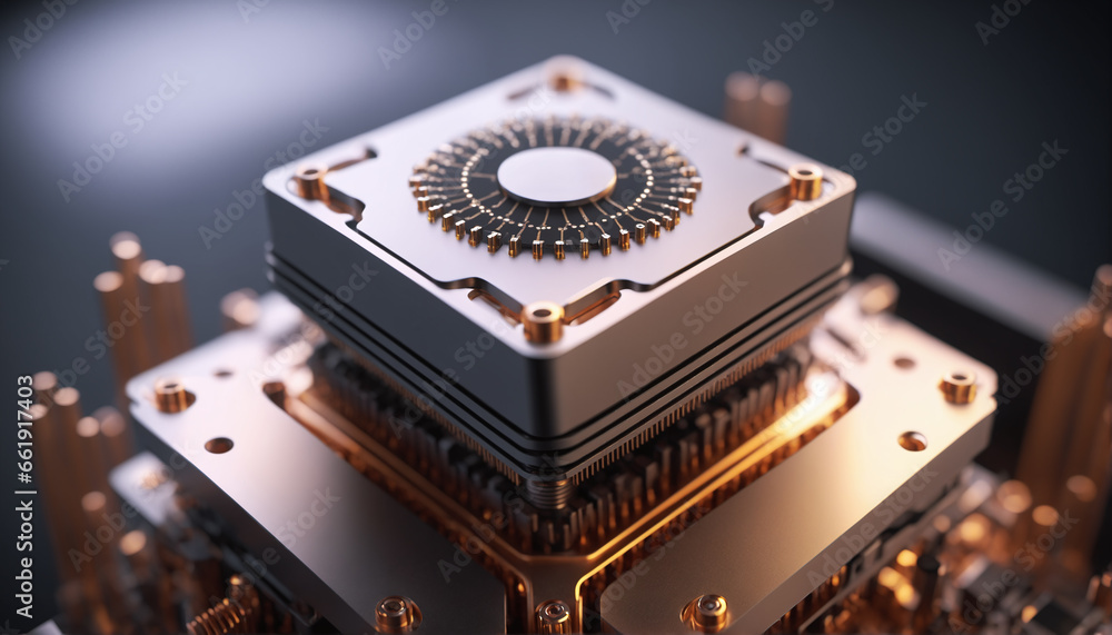 Poster close-up of an advanced processor cpu and quantum hardware, portraying an abstract, futuristic centr