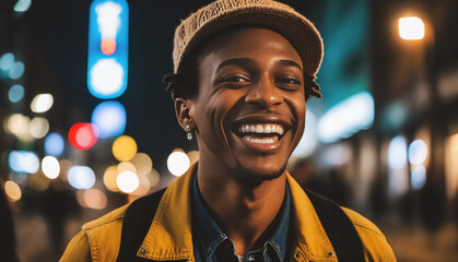 Candid Laughing Individual with Wild Facial Expressions Against Bokeh City Street Background