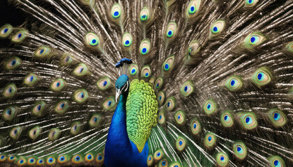  A mesmerizing close-up of a peacock displaying its iridescent plumage in full bloom, radiating the beauty of nature.