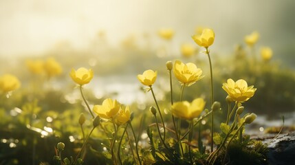 Yellow flowers of buttercup on nature background. AI generated image